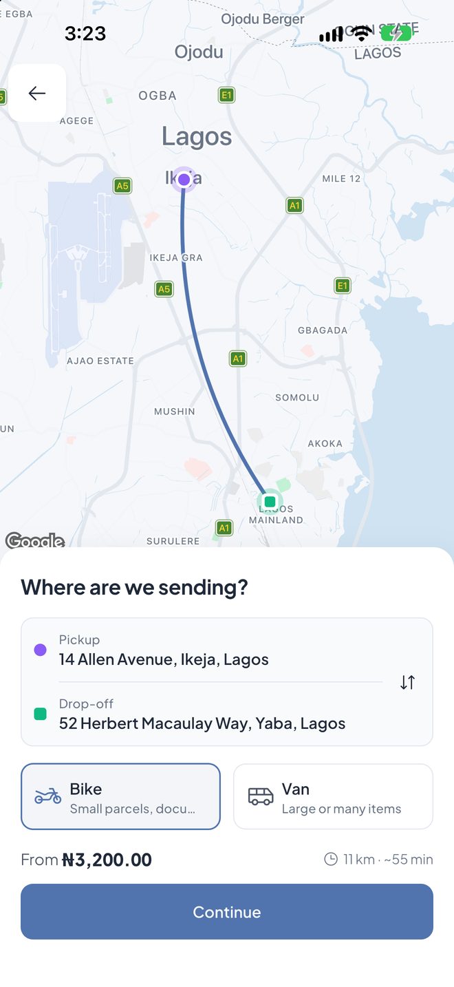 Choosing pickup and drop-off on the map