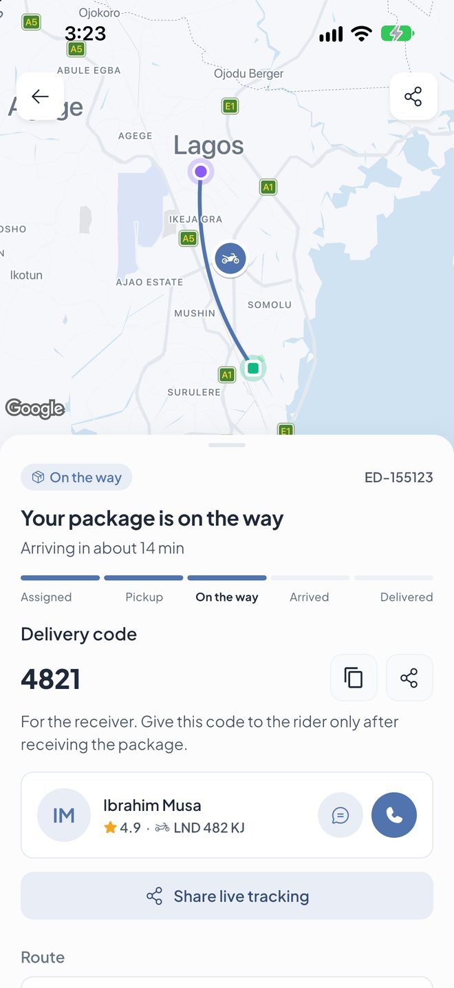 Live tracking with the rider on the map, ETA and delivery code